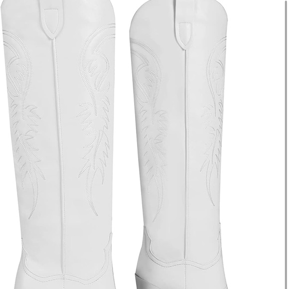 Country Cowboy cowgirl white knee high heels block boots - Picture 8 of 16
